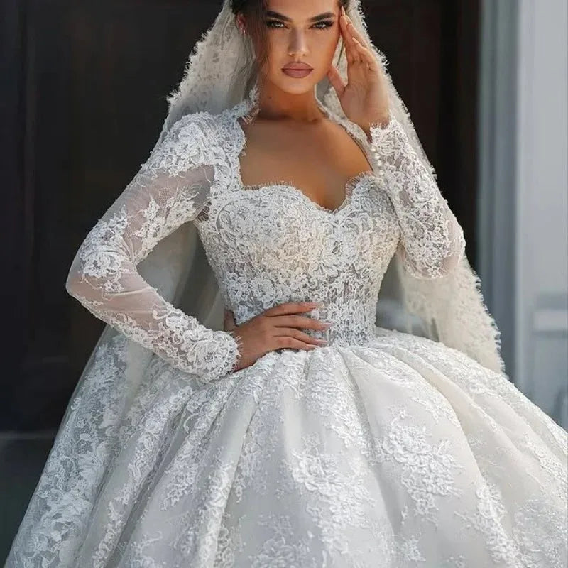 Customized Luxury Royal Ball Gown Wedding Dresses Long Sleeves Wedding Dresses Lace Long tail decal Made Robe DeVestido De Noiva