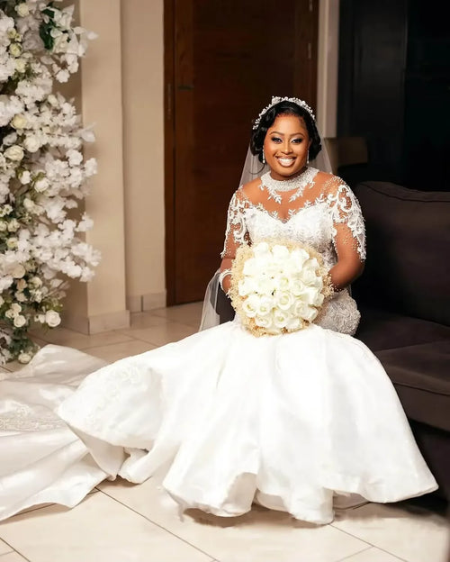 2026 Custom Saudi Sheer O Neck Mermaid Wedding Dresses Beads Pearls Long Sleeve Bride  Formal Dress Lace Appliques Bridal