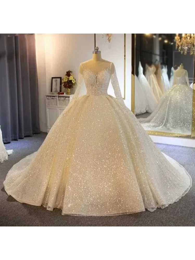 Customized 2026 new model Luxurious Sparkling Ball Gown Wedding Dresses Sheer Appliqued Sequins Long Sleeves Lace Bridal Gowns