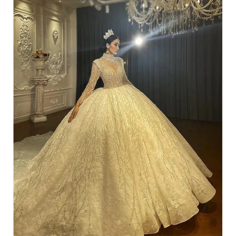 Customized New Luxury Beading Sequined Bride Wedding Dresses High Collar Lace Appliques Chapel Train Ball Gowns Plus Size dress