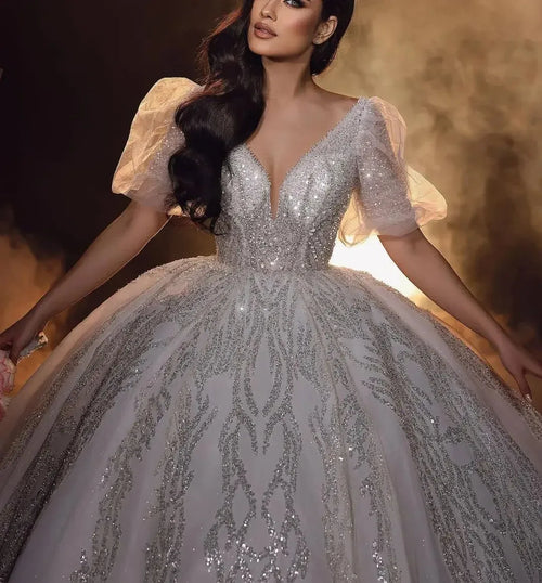 2026 Ball Gown Wedding Dresses Middle Sleeves V Neck Diamonds LaceBead Zipper Bridal Gowns vestidos de novia Customized