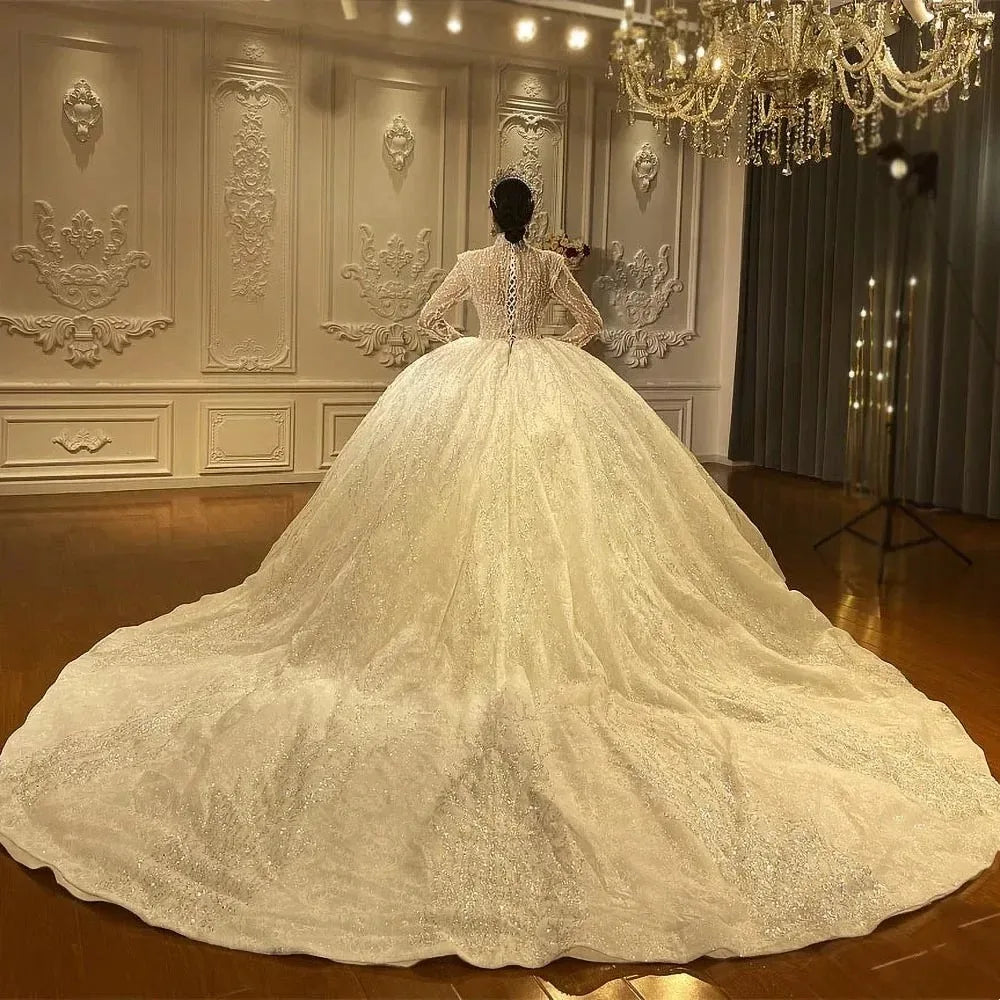 Customized New Luxury Beading Sequined Bride Wedding Dresses High Collar Lace Appliques Chapel Train Ball Gowns Plus Size dress