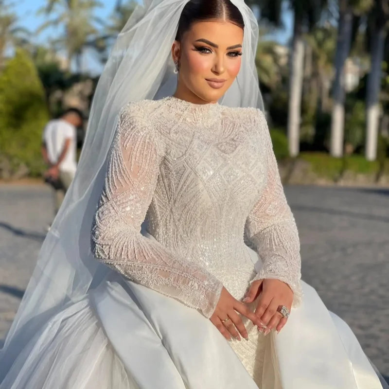 Customized 2026 Luxury And Noble Wedding Dress With High Neck Long Sleeves Pearl Embroidery Sequins Satin Yarn Matching