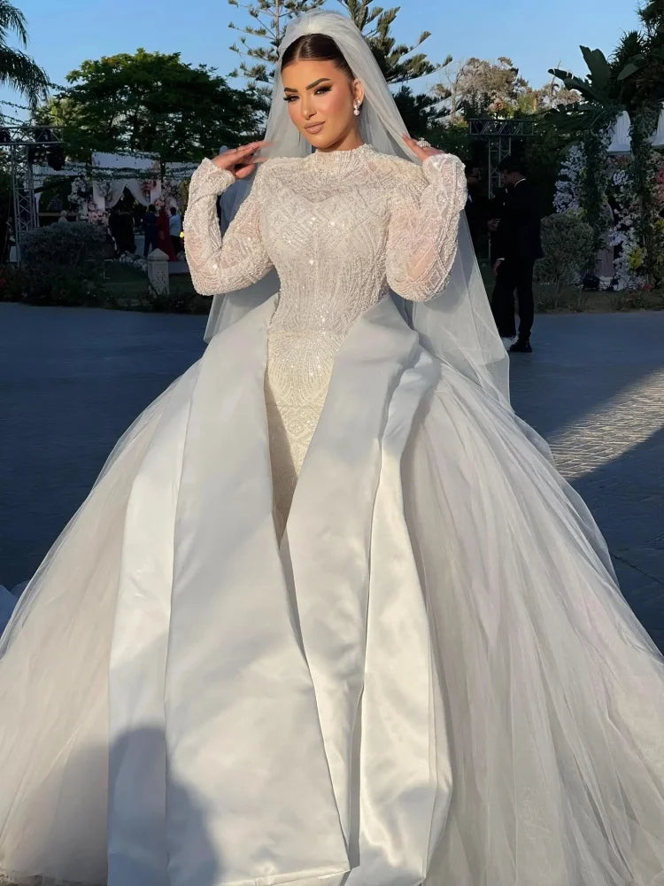 Customized 2026 Luxury And Noble Wedding Dress With High Neck Long Sleeves Pearl Embroidery Sequins Satin Yarn Matching